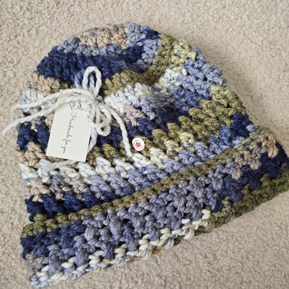 HANDMADE OOAK Hat Toque Beanie Crochet Beanie - Blue, Olive & Cream